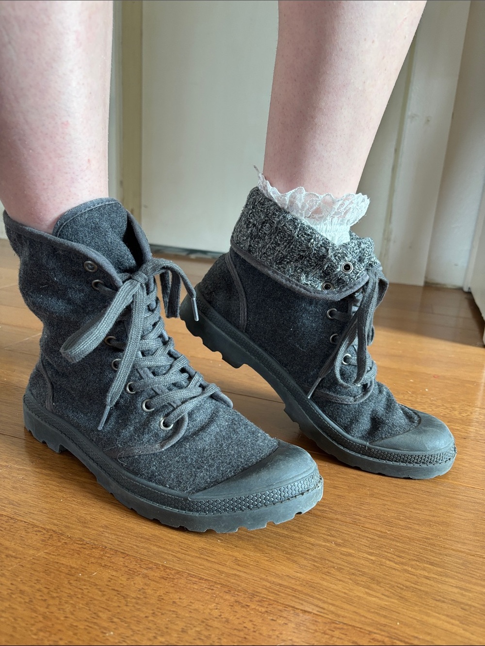 Gray lace up wool boots